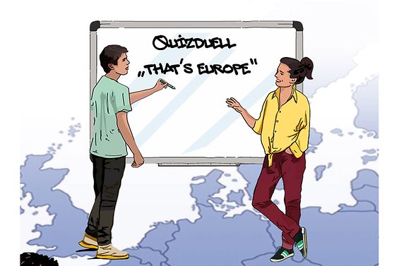 Ein Junge und ein Mädchen vor einem Whiteboard auf dem steht: Quizduell "That's Europe"