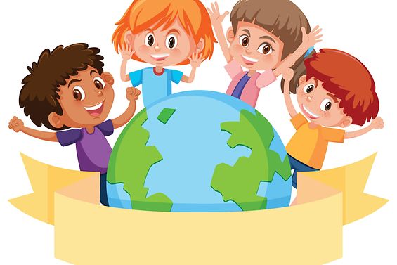 Clipart: Vier Kinder stehen um einen Globus