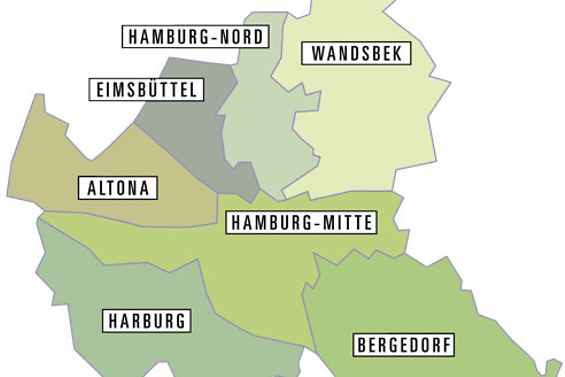 Eine Hamburg Karte mit den sieben Bezirken