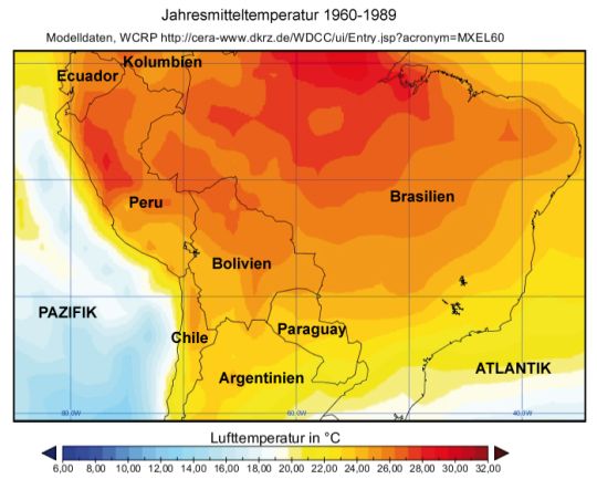 Jahresmitteltemperatur im tropischen Südamerika 1960-1989