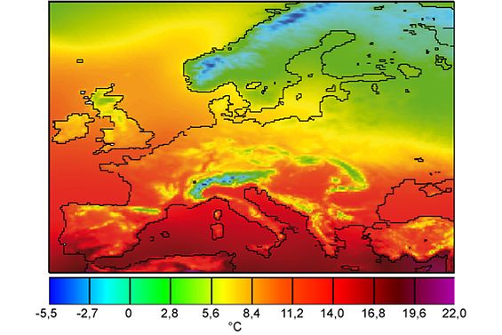 Europakarte mit farbiger Darstellung nach Temperatur