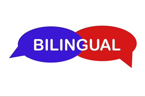 Zwei farbige Sprechblasen, die sich überlappen. Darin der Text "Bilingual"