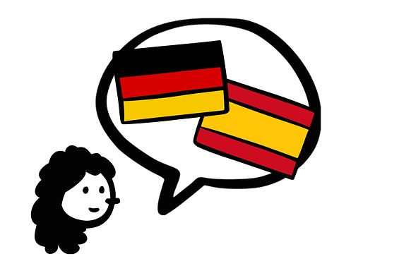 Zeichnung mit Mädchen und einer Sprechblase in der eine deutsche und spanische Flagge abgebildet ist.