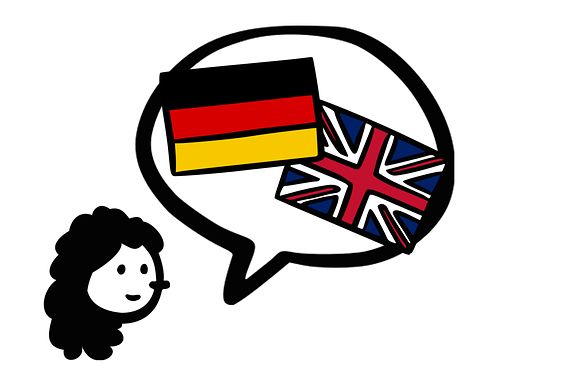 Zeichnung mit Mädchen und einer Sprechblase in der eine deutsche und englischen Flagge abgebildet ist.