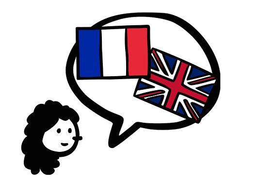 Zeichnung mit Mädchen und einer Sprechblase in der eine französischen und englischen Flagge abgebildet ist.