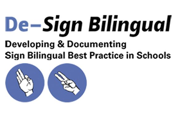 Logo und Text: De-Sign Bilingual Developing & Documenting Sign Bilingual Best Practice in Schools