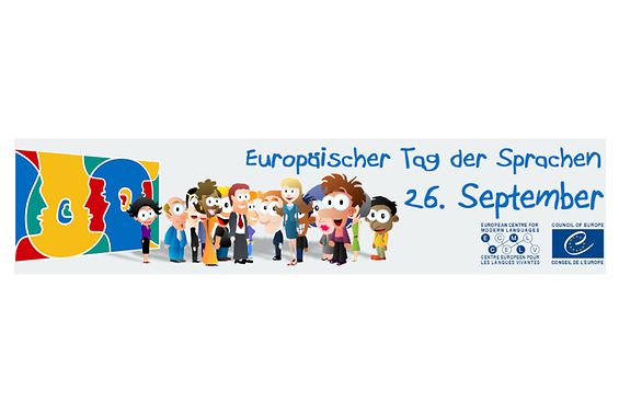Illustration: Verschiedene Menschen stehen vor einem abstrakten Bild. Text: Europäischer Tag der Sprachen 26. September