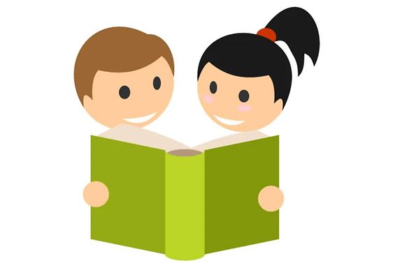 Illustration von zwei Kindern die in ein Buch schauen.