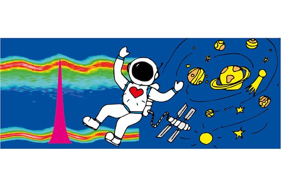 In der Mitte ein Astronaut recht das Sonnensystem und links eine farbige Grafik mit einem Peak, die eine Attosekunde darstellt.