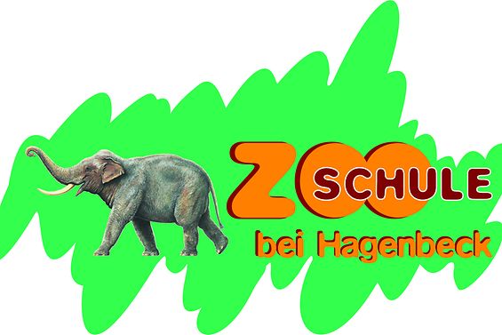 Das LOGO der Zooschule Hagenbeck, Untergrund dick schraffiert in knall Grün mit einem Elefanten und dem Schriftzug