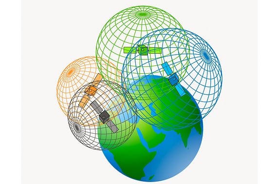 Illustration der Erde mit vier Satelliten und einem Funktraster zur Positionsbestimmung