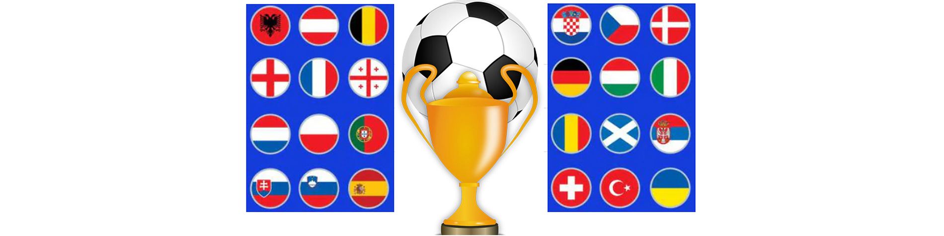 In der Mitte ist ein Pokal vor einem Fußball abgebildet. An den Seiten sind die Flaggen in Kreisen der Mitspielenden Nationen.